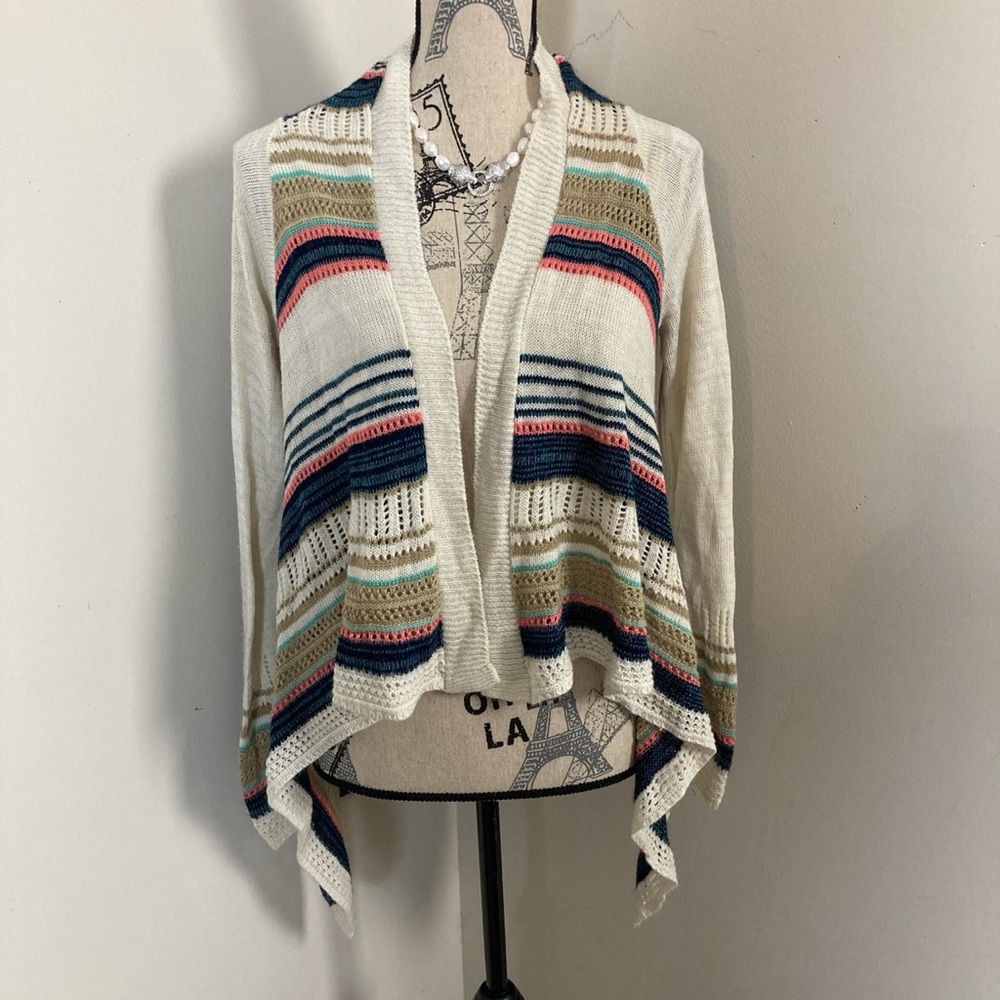 Women’s Cream Teal Pink Blue Stripes Knit Open Cardigan Knit LS Sweater